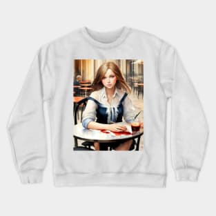 beauitful woman on parisian cafe Crewneck Sweatshirt